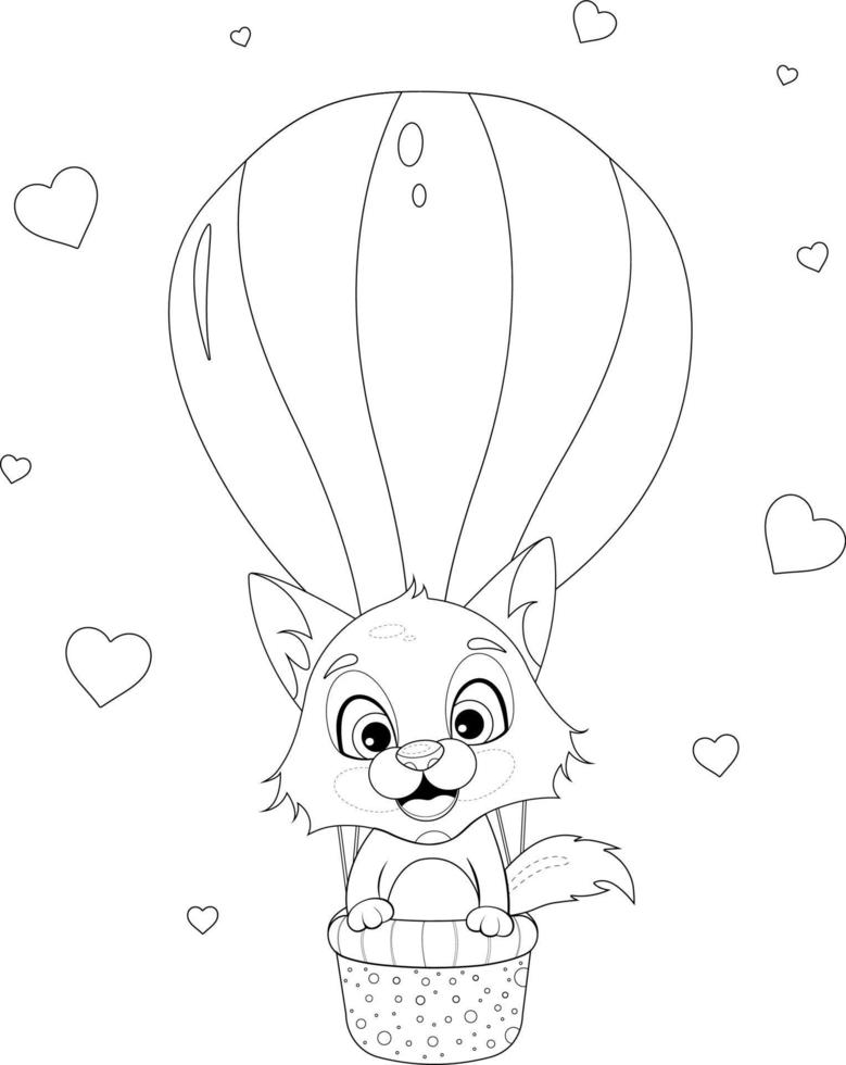 Coloring page. Cute cartoon fox is flying in a hot air balloon vector