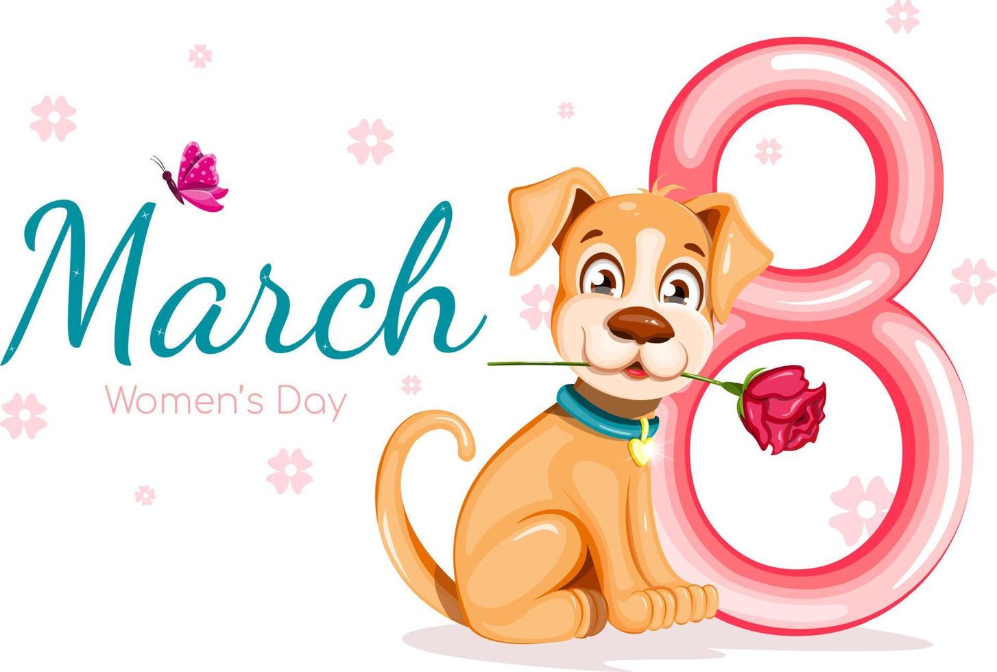 A cute and cheerful puppy with a rose and butterfly sits near the inscription March 8, Women's day vector