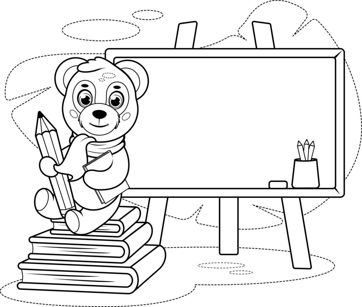 Coloring page. Smart panda with a pencil, a school board and books vector