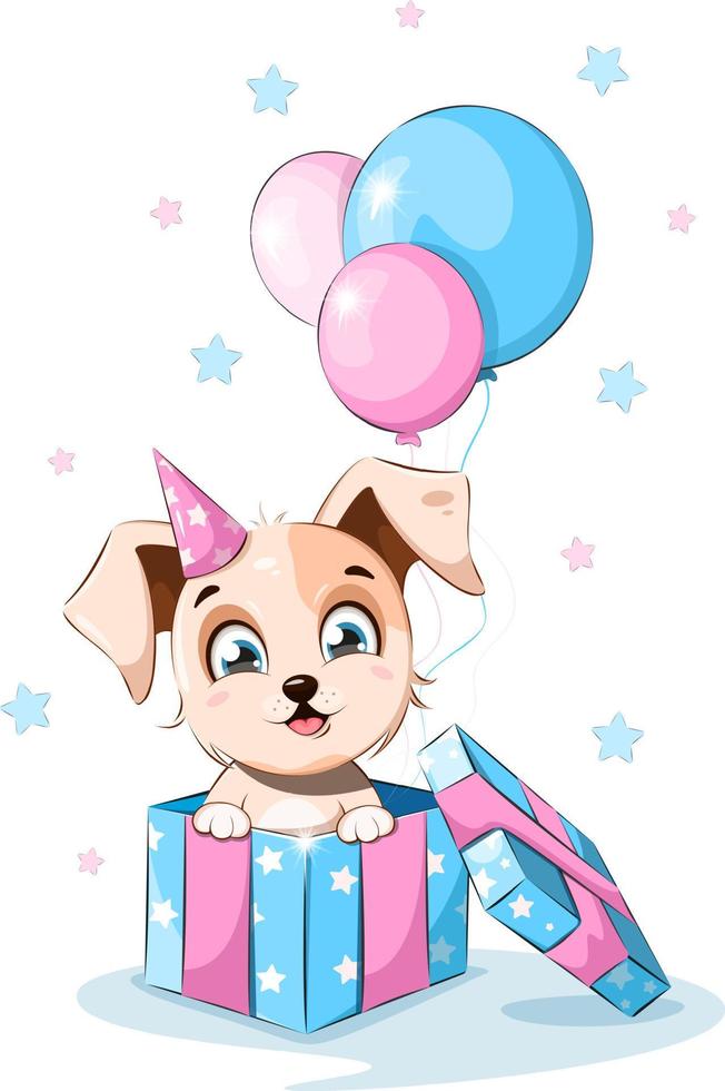 cachorrito de dibujos animados sentado en una caja de regalo con globos vector