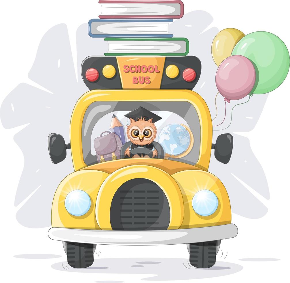 Smart owl driving a school bus, with balloons and school supplies vector