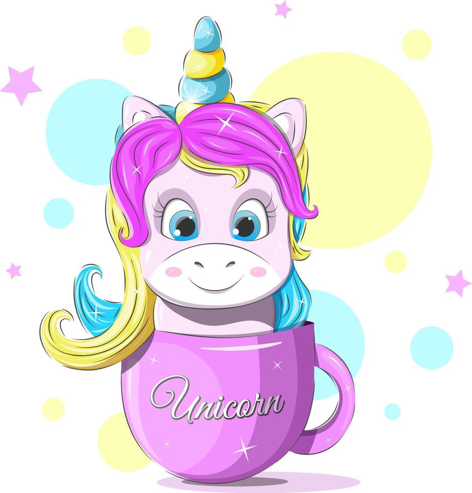 Beautiful card. A cute and cheerful unicorn sits in a cup vector