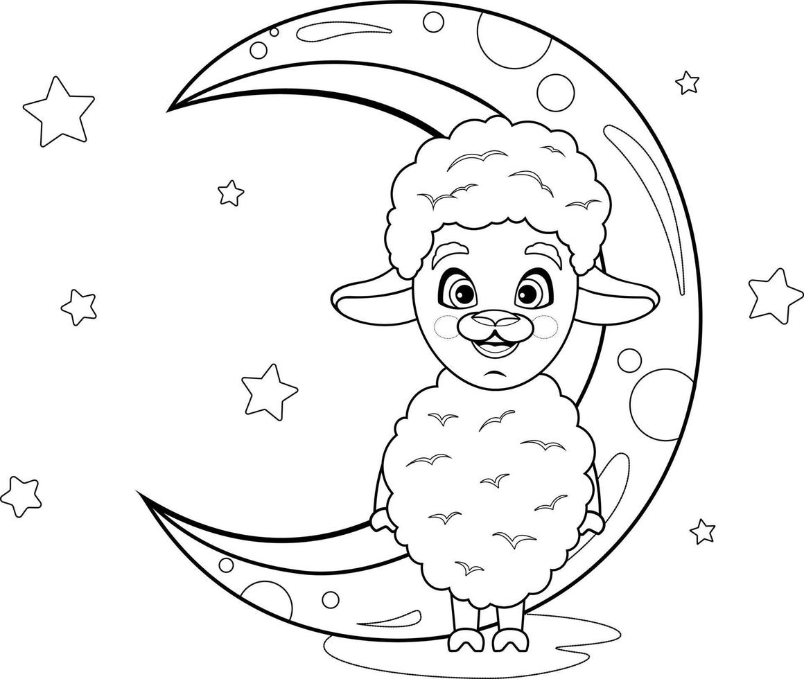 Coloring page. Postcard Eid-Al-Adha Mubarak with cheerful cartoon sheep and moon vector