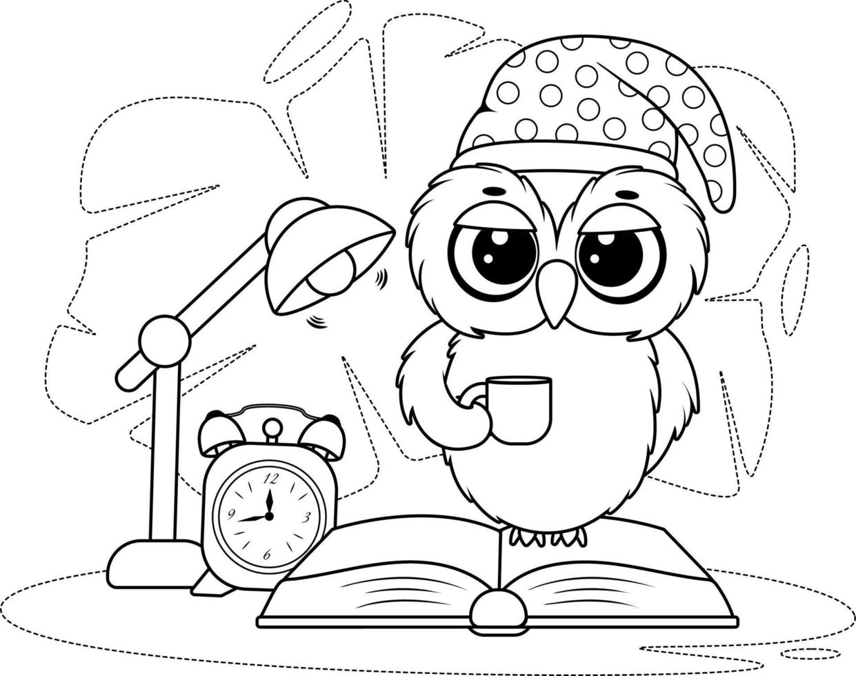 Coloring page. Owl in a sleep cap, with a cup, a book and a table lamp vector