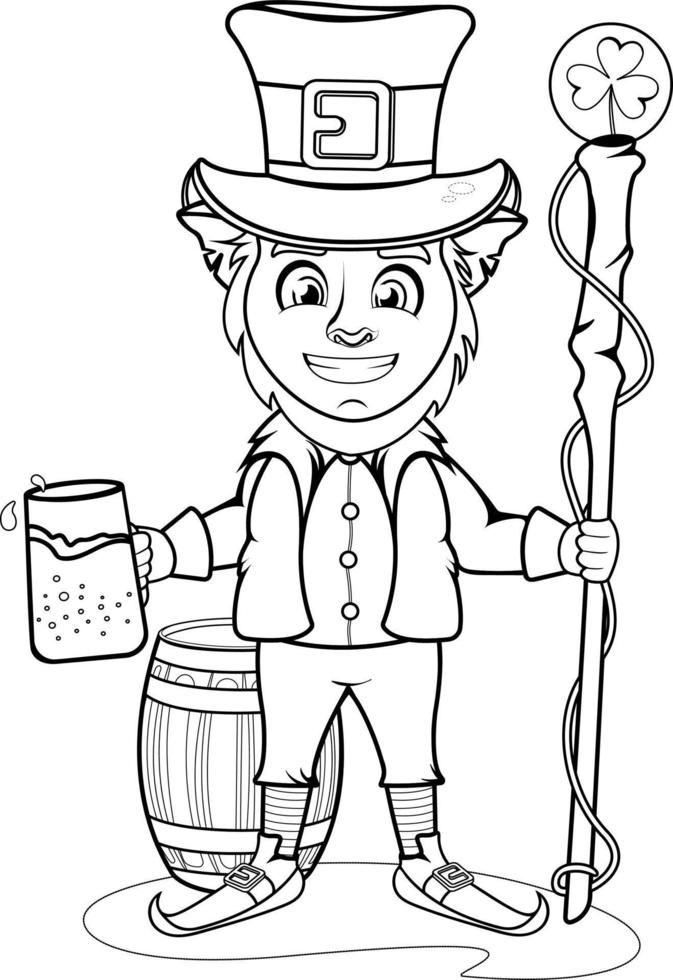 Coloring page. Cheerful and happy leprechaun with a mug of beer and a cane with a clover in his hands, behind a barrel vector