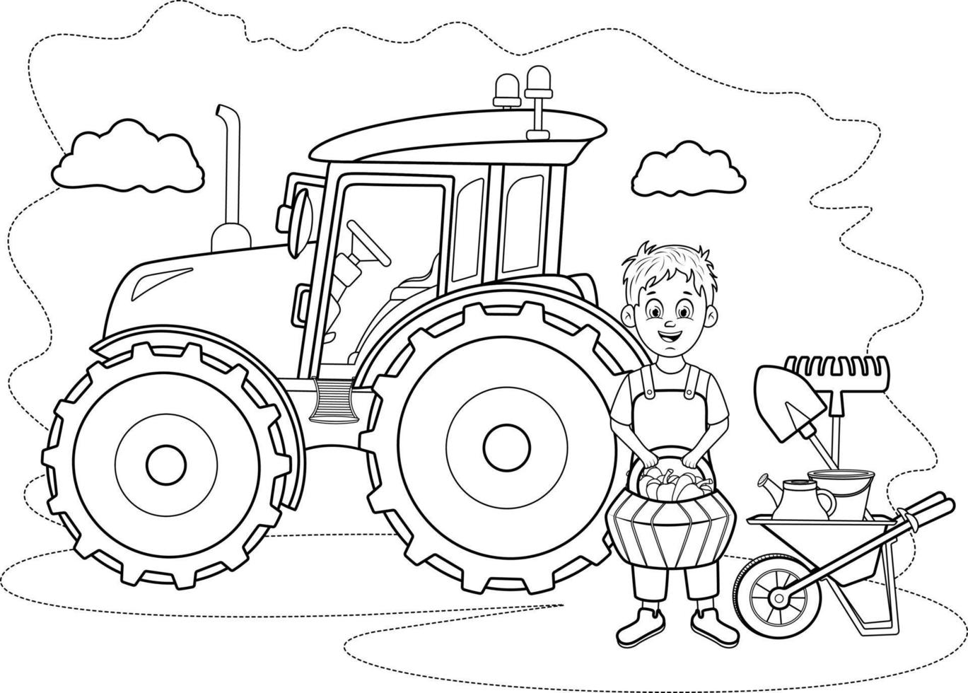 Coloring page. Farmer with vegetable basket, tractor, wheelbarrow and farm tools vector