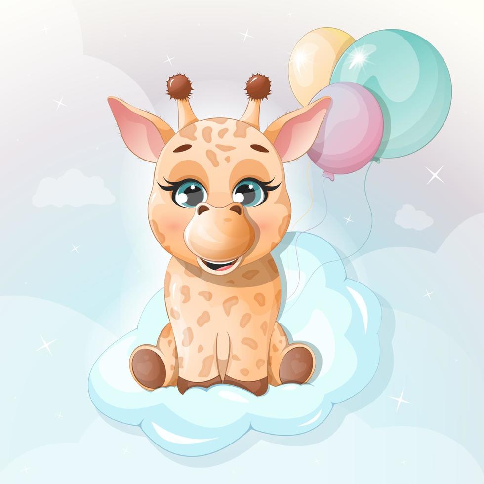 Cute giraffe on a cloud with balloons vector