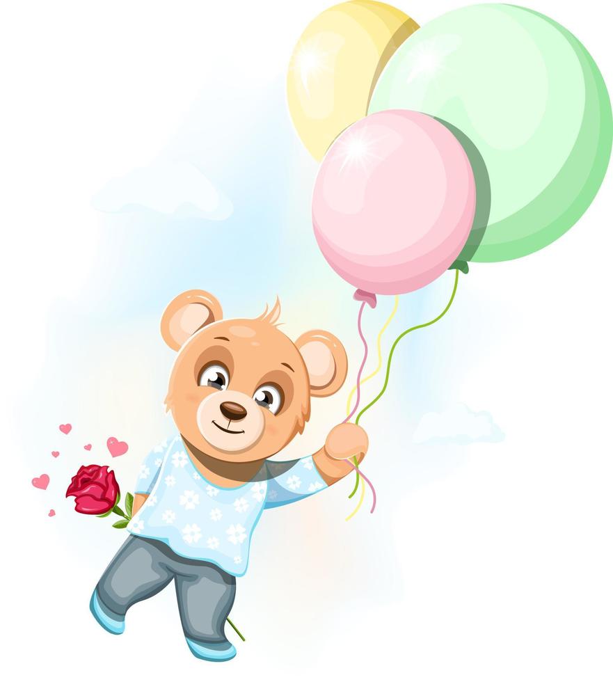 Cute bear holding a rose and flying with balloons in the sky vector