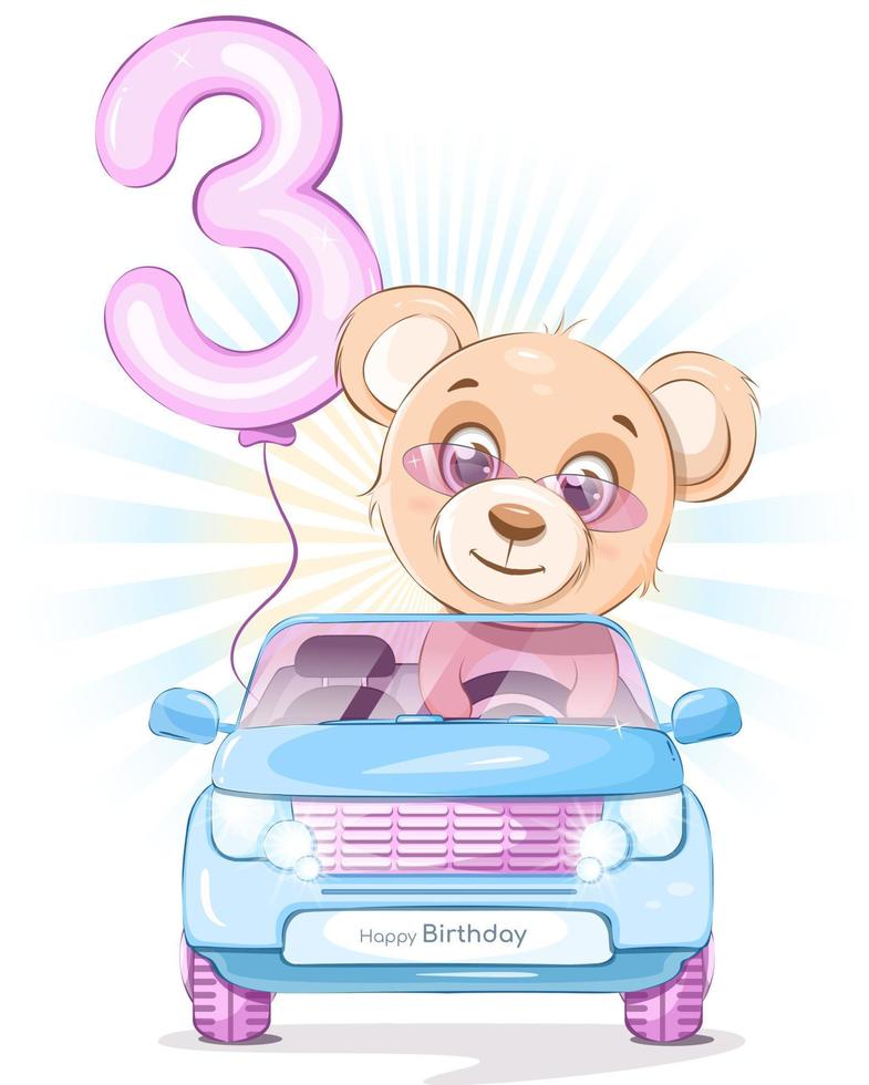 Greeting card Happy Birthday. Cute little bear rides in a car with a balloon vector