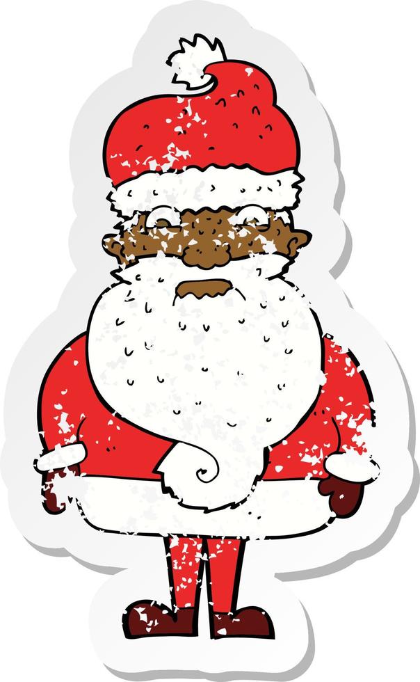 retro distressed sticker of a cartoon grumpy santa claus vector