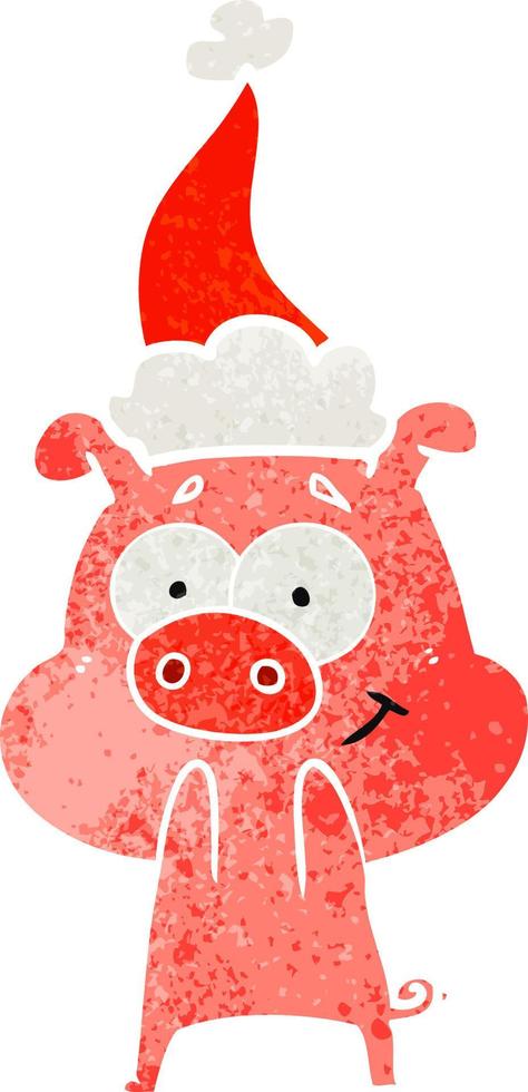 happy retro cartoon of a pig wearing santa hat vector