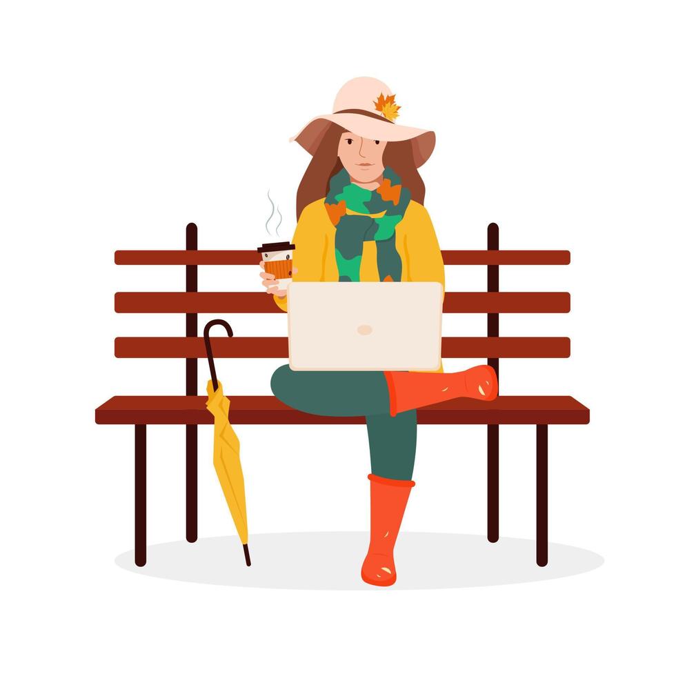 mujer hermosa joven con sombrero sentada en el banco en el parque de otoño con café y computadora portátil. concepto de trabajador independiente. vector