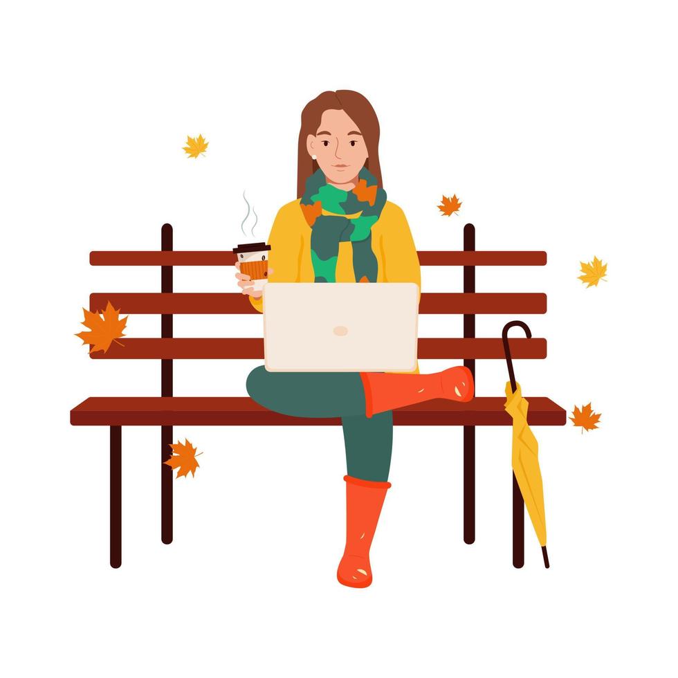 Young woman sitting on the bench with coffee and laptop. Autumn park. Freelancer or online education concept. Vector illustration isolated on the white background