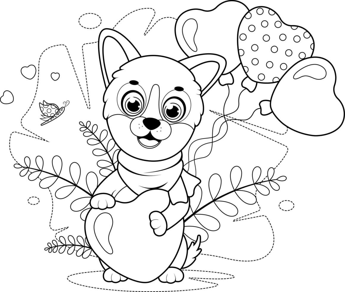 Coloring page. Cute puppy with a butterfly, hearts and balloons vector