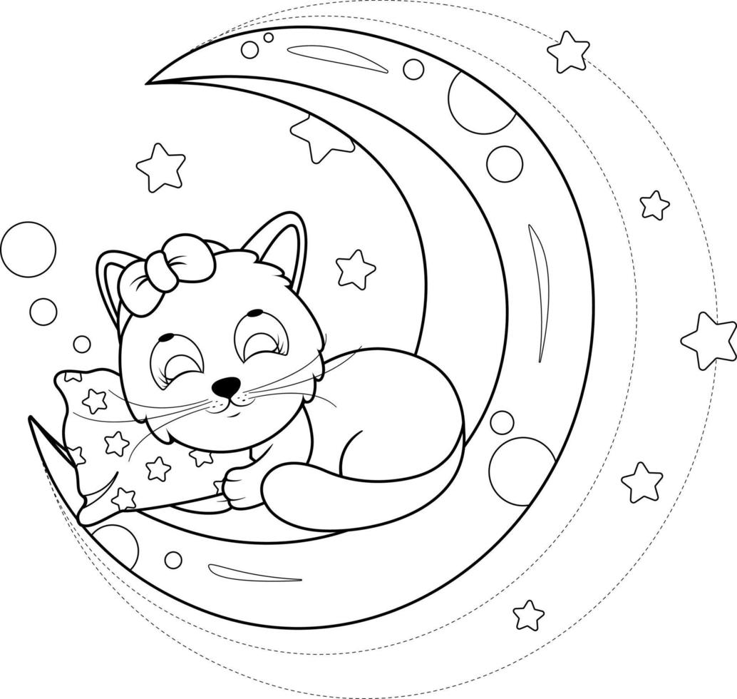 Coloring page. Cute kitty sleeps with a pillow on the moon vector