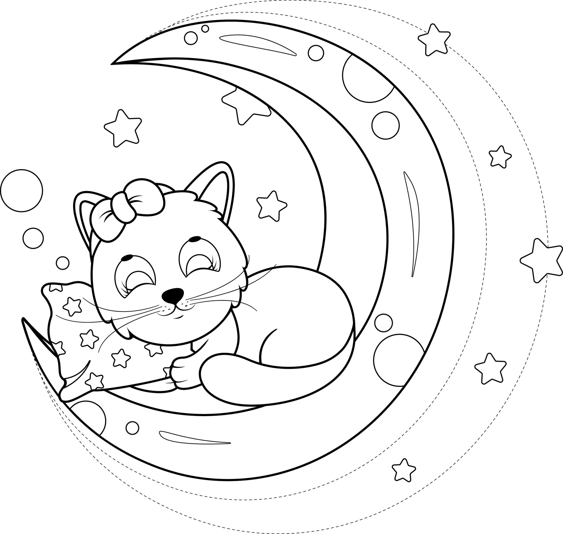 Coloring page. Cute kitty sleeps with a pillow on the moon 10688319