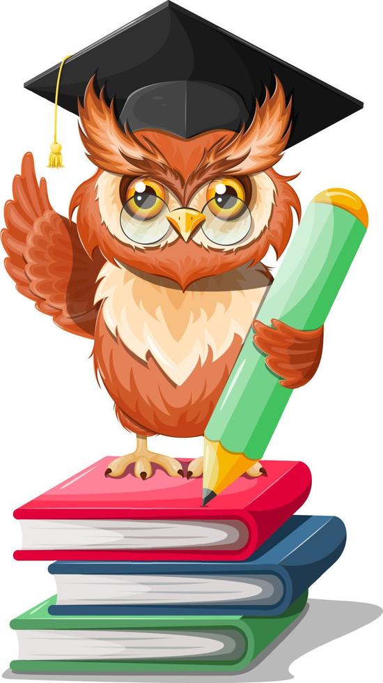 Cartoon character. Smart owl graduate with books and pencil vector