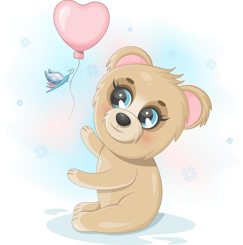 Cute little bear with a butterfly and a balloon vector