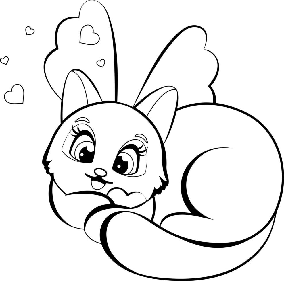 Coloring page. Cute kitten with wings and hearts vector