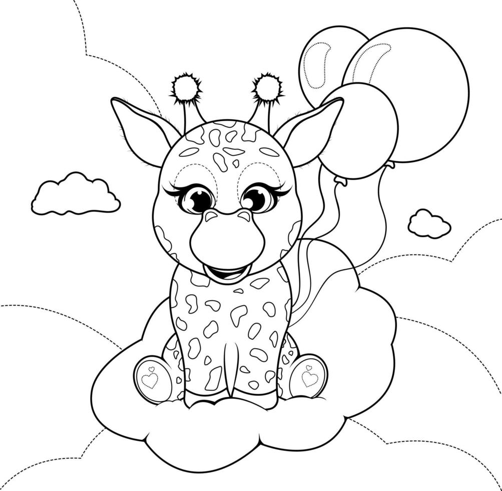 Coloring page. Cute giraffe on a cloud with balloons vector