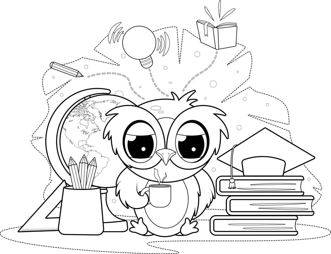 Coloring page. Cartoon sleepy owl with a cup and study supplies vector