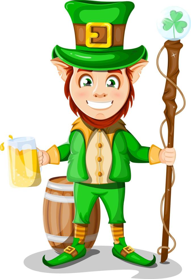 Cheerful and happy leprechaun with a mug of beer and a cane with a clover in his hands, behind a barrel vector