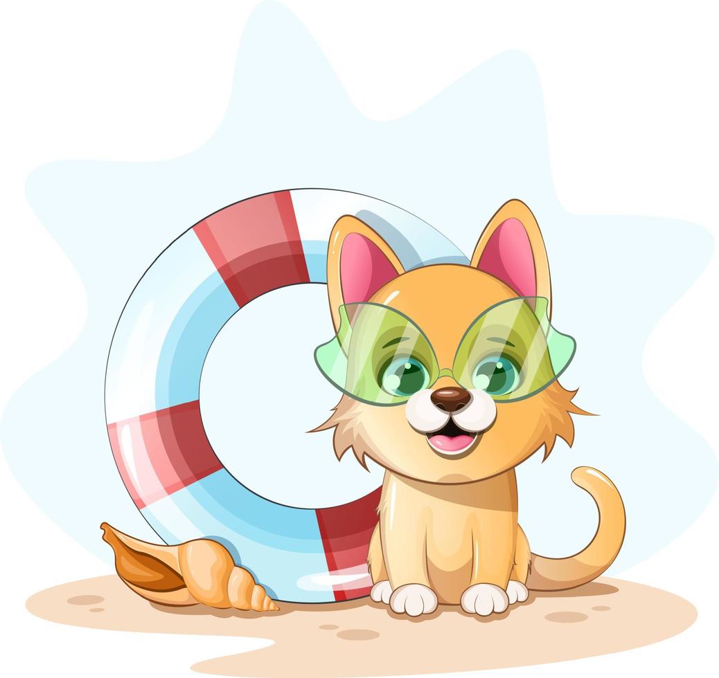 Cute puppy in goggles with a lifebuoy and a seashell vector