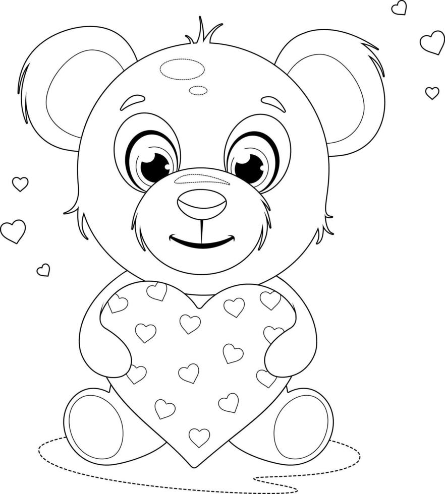 página para colorear lindo y hermoso oso de peluche con corazones vector