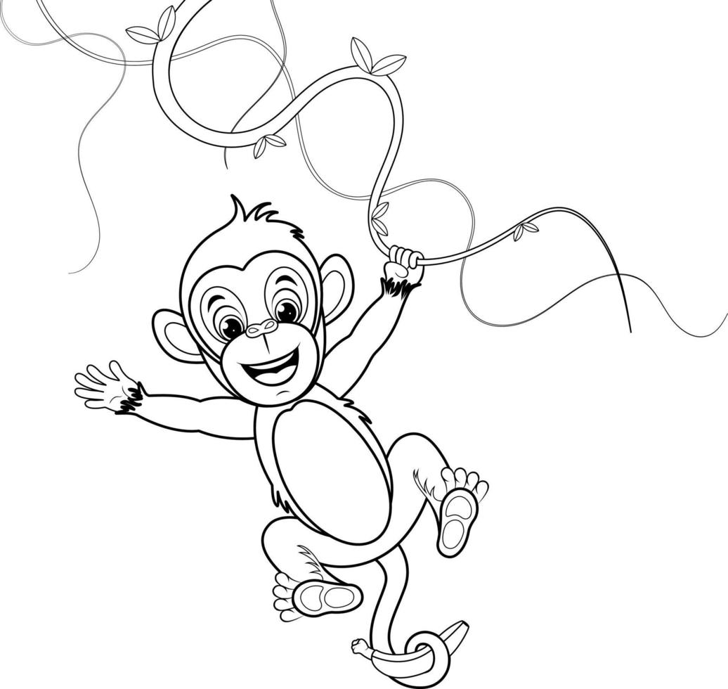 Coloring page. Cheerful monkey hanging on a vine and holding a banana vector