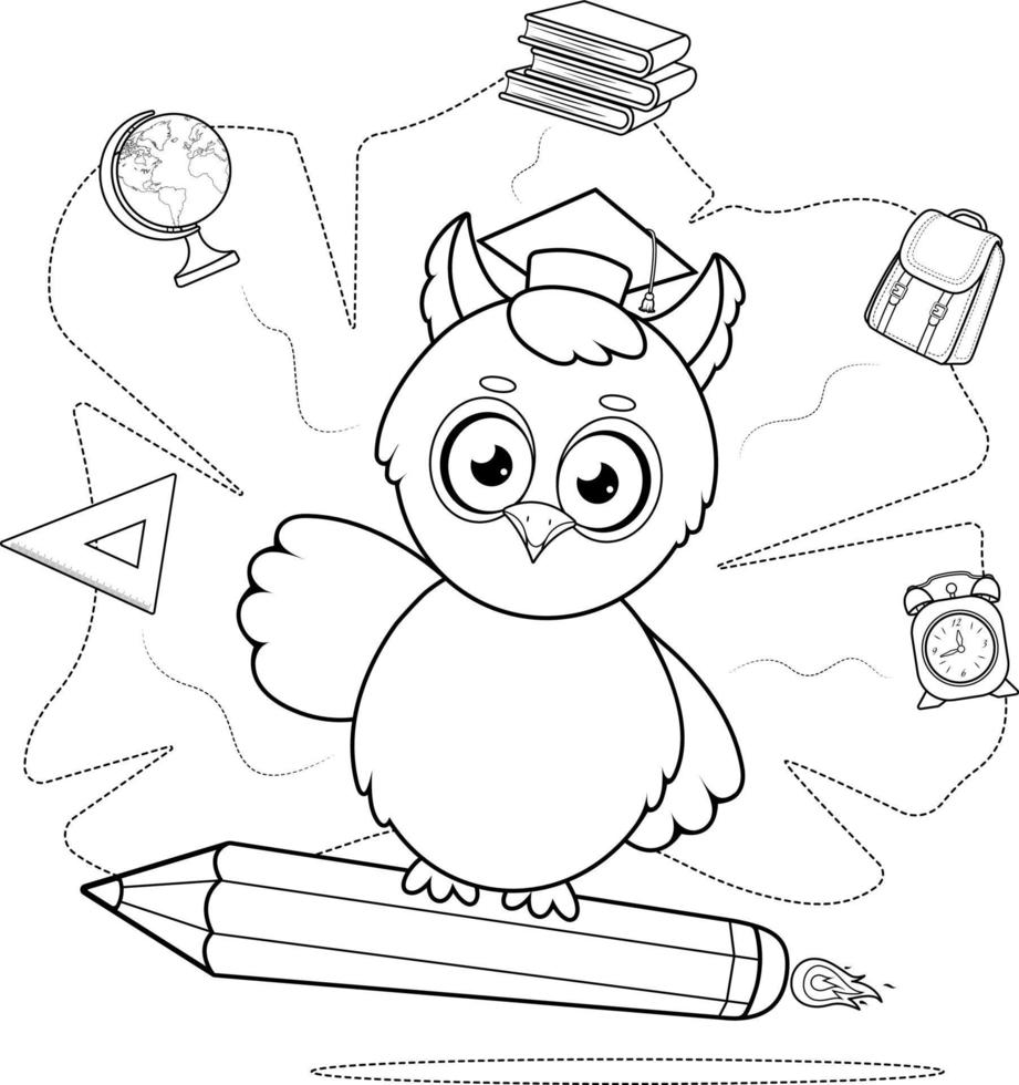 Coloring page. Smart cartoon owl flying on a pencil vector