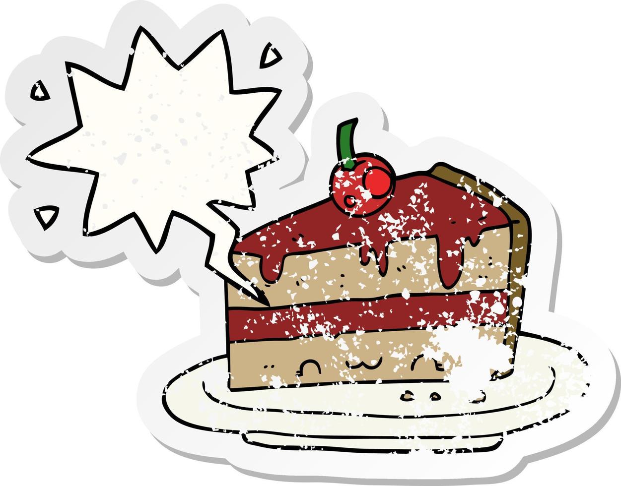 cartoon cake and speech bubble distressed sticker vector