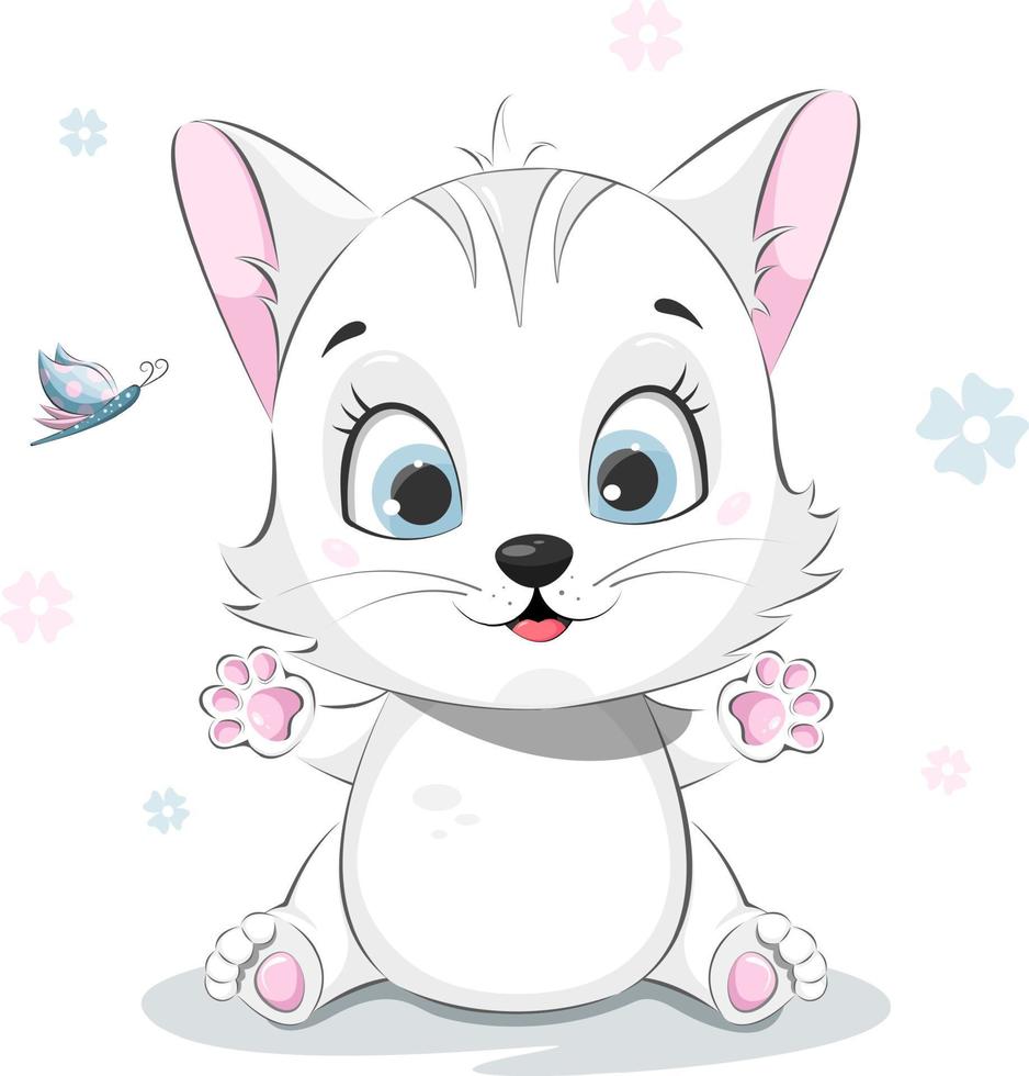 Cute and funny cartoon cat with a butterfly vector
