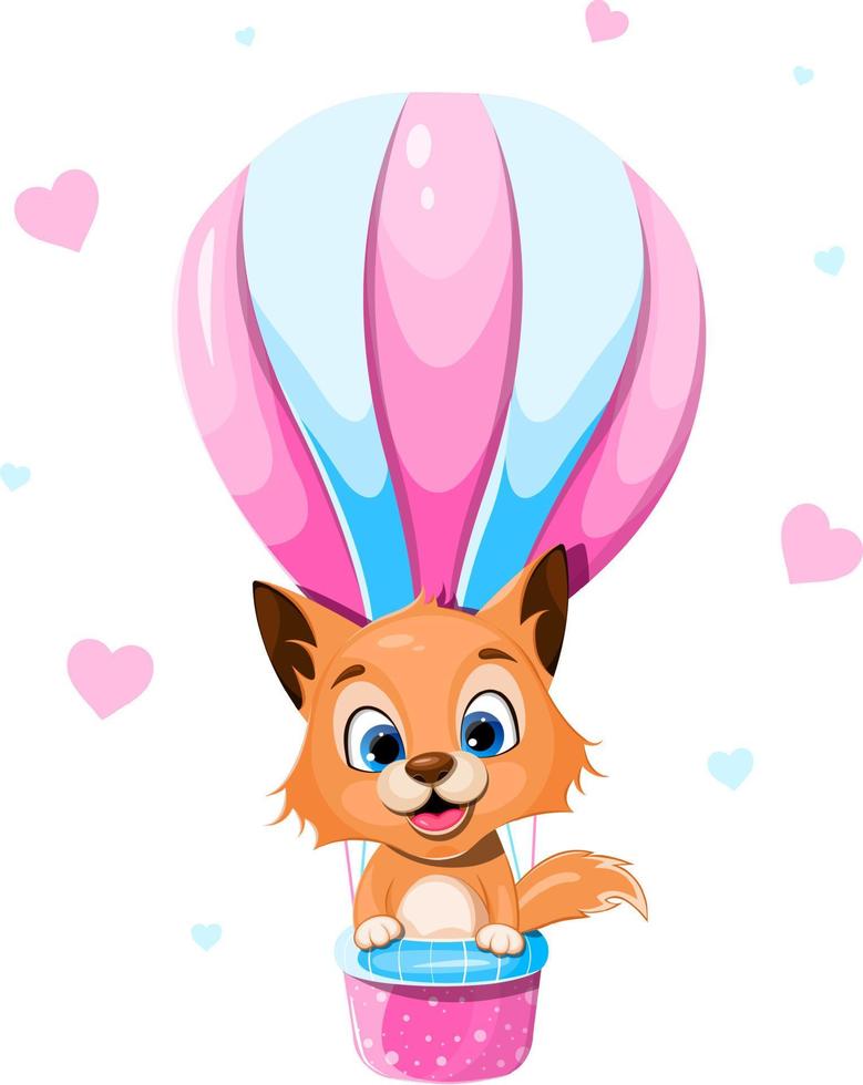 Cute cartoon fox is flying in a hot air balloon vector
