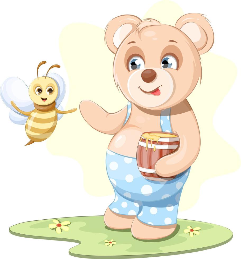 lindo oso de peluche con miel y una abeja alegre vector