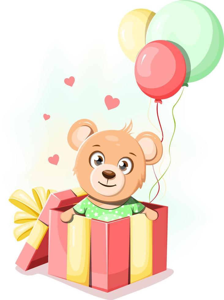 oso alegre en una caja de regalo con globos vector