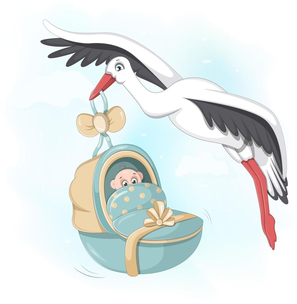 Kind stork carries a cute newborn boy vector