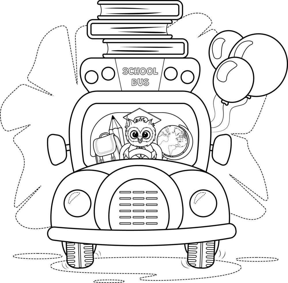 página para colorear búho inteligente conduciendo un autobús escolar, con globos y útiles escolares vector
