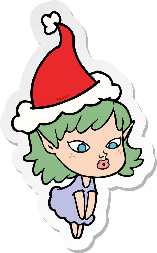 pretty sticker cartoon of a elf girl wearing santa hat vector