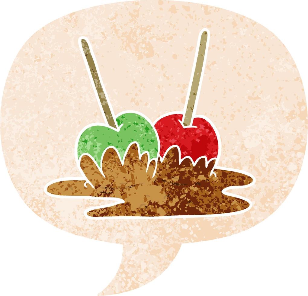 cartoon toffee apples and speech bubble in retro textured style vector