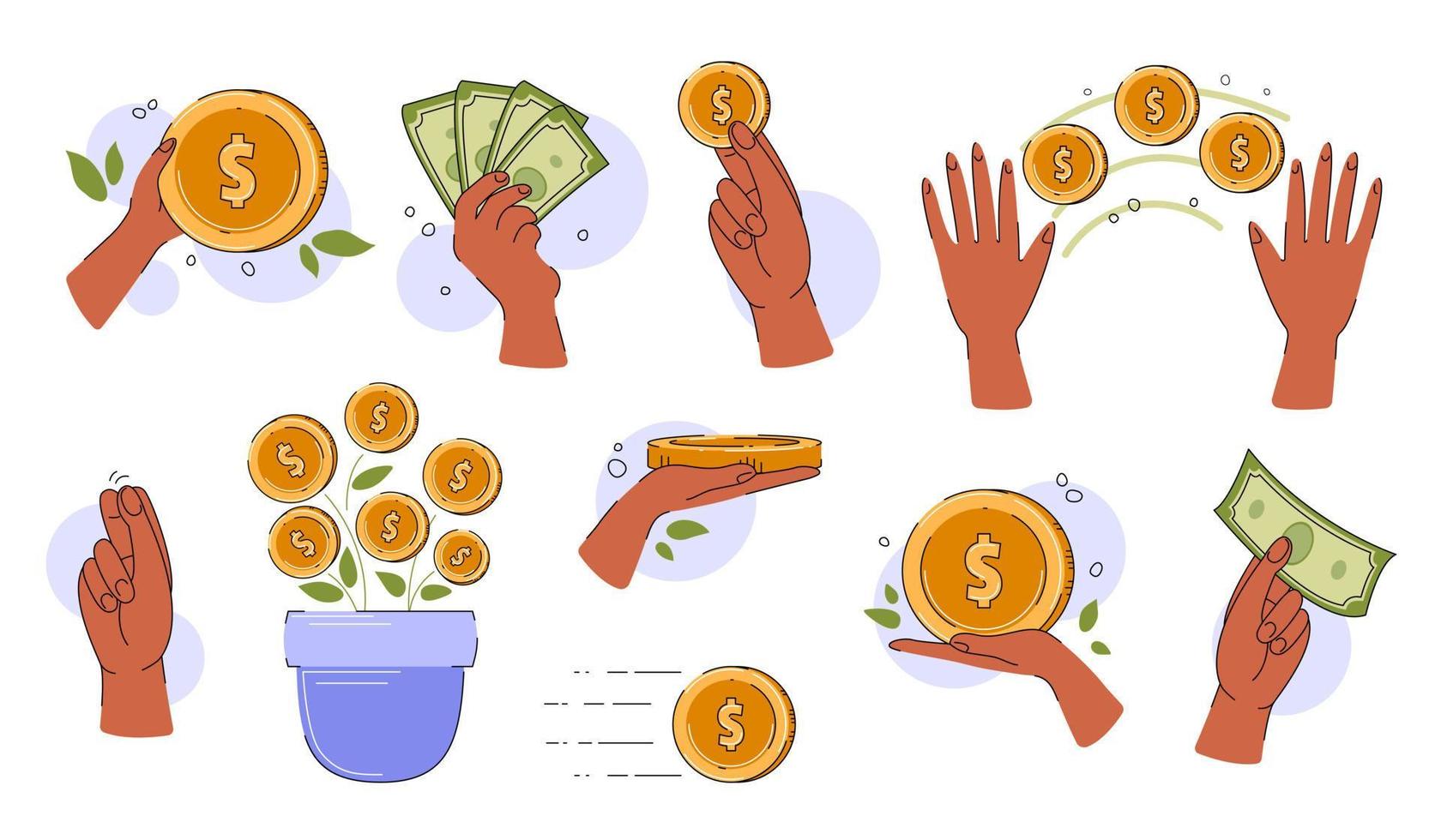 Finance illustration set. Sign hand holding coins. Money transfer, receive, hold concept. Vector flat illustration.