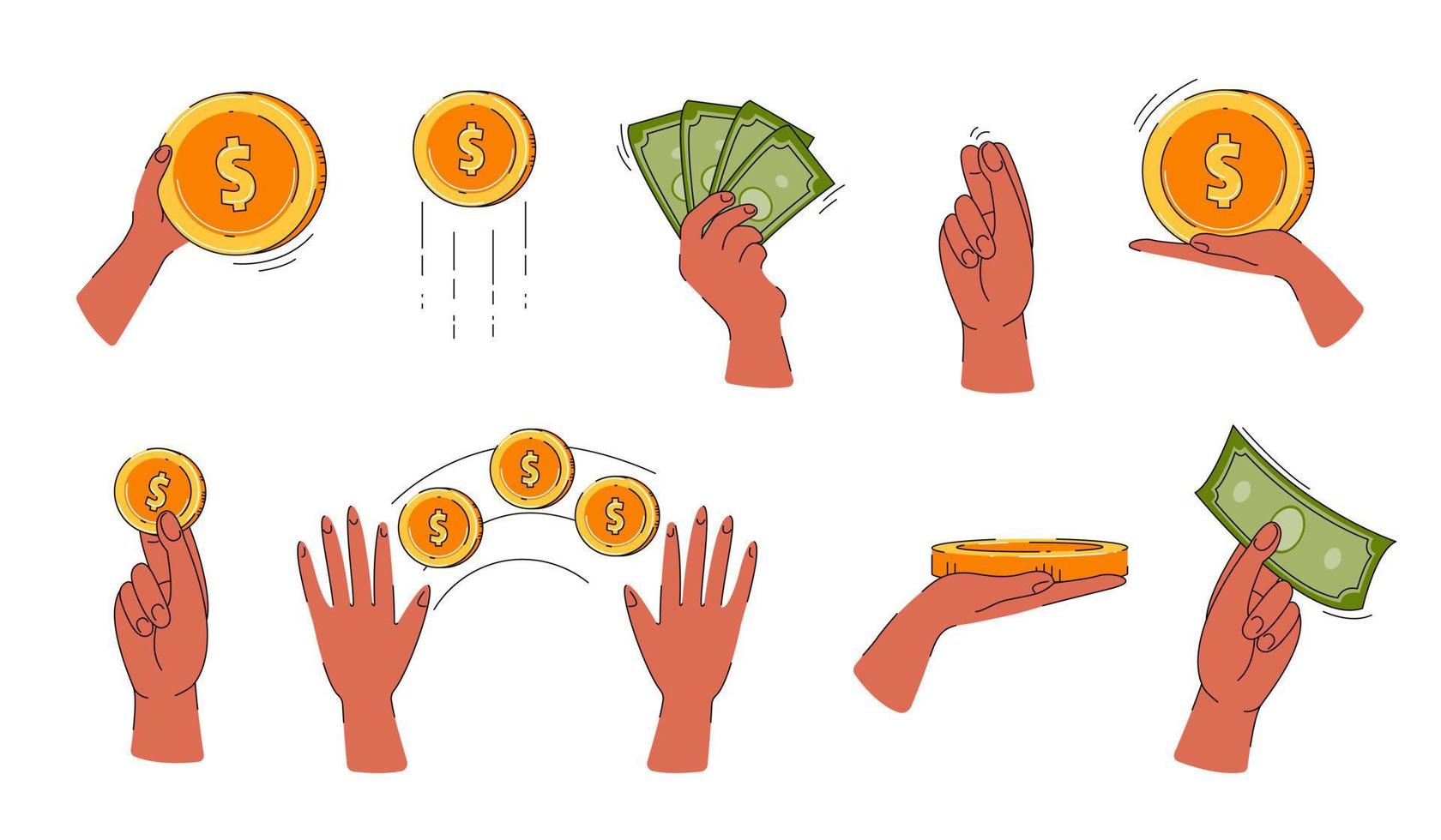 Finance illustration set. Sign hand holding coins. Money transfer, receive, hold concept. Vector flat illustration.