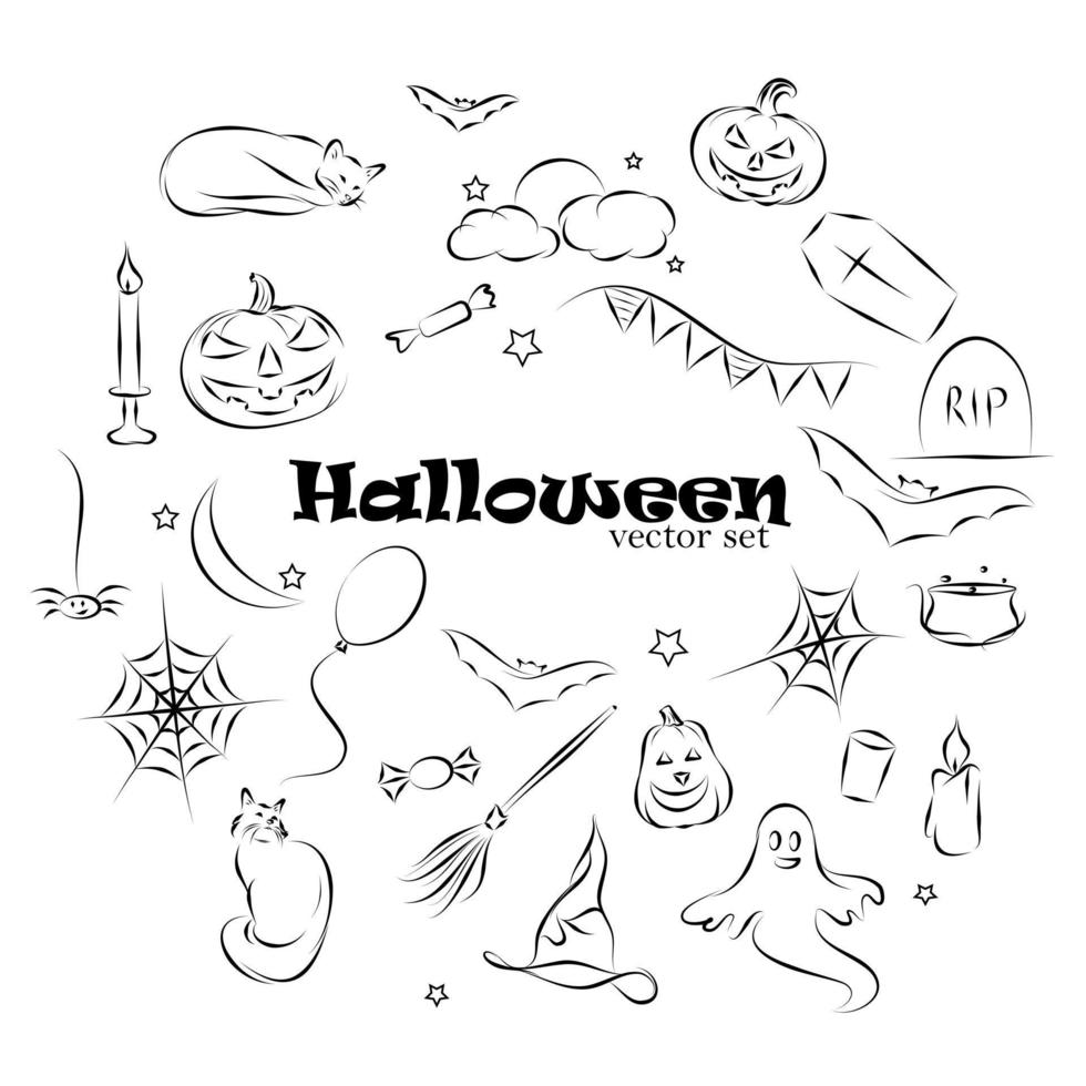 conjunto de vectores en blanco y negro garabatos de halloween, calabazas, telarañas, murciélagos