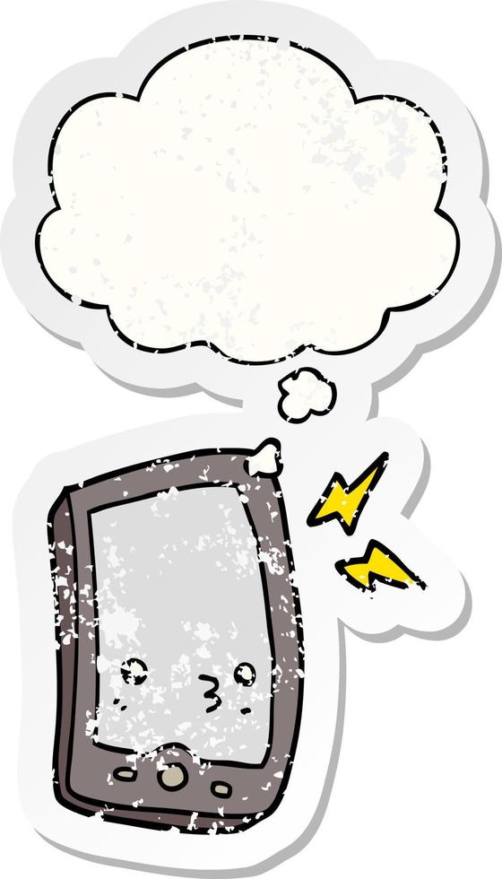 cartoon mobile phone and thought bubble as a distressed worn sticker vector