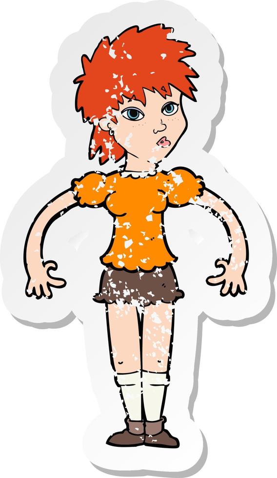 retro distressed sticker of a cartoon curious woman vector