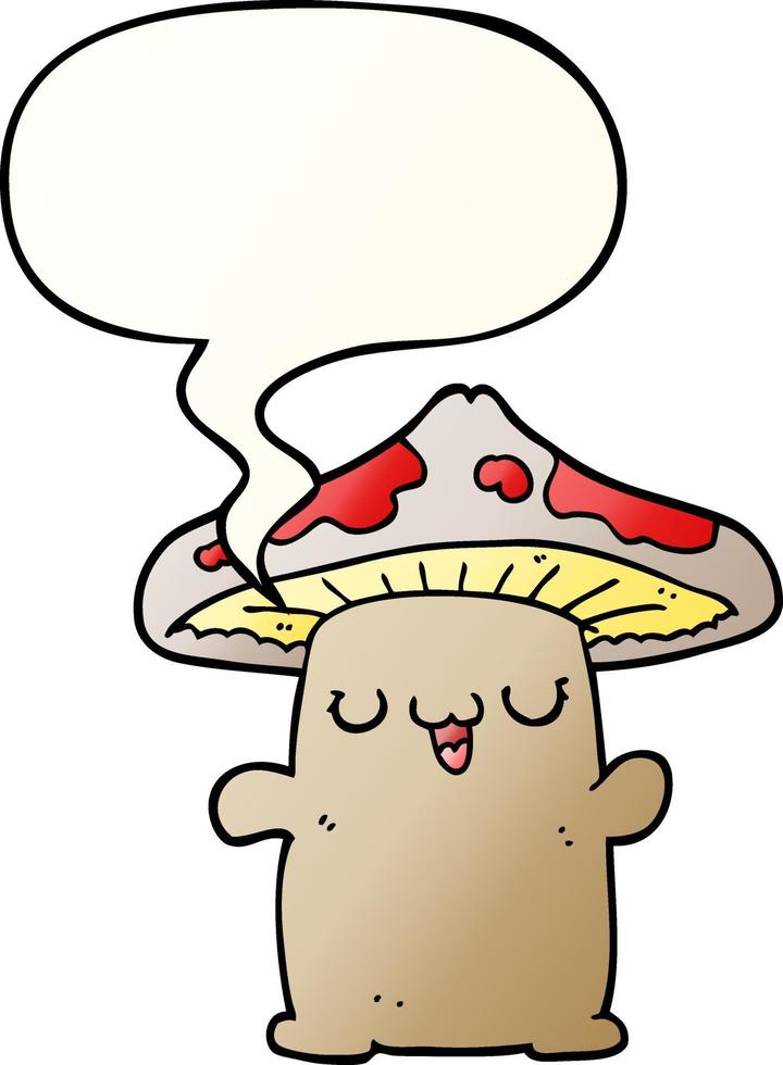 cartoon mushroom creature and speech bubble in smooth gradient style vector