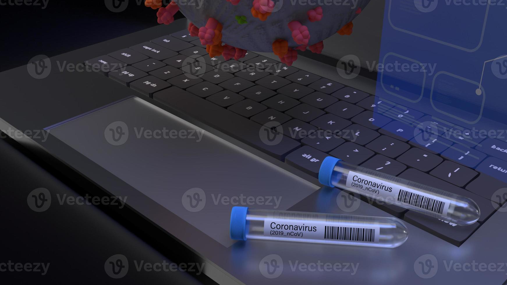 corona virus and  science tube on notebook 3d rendering for medical content. photo