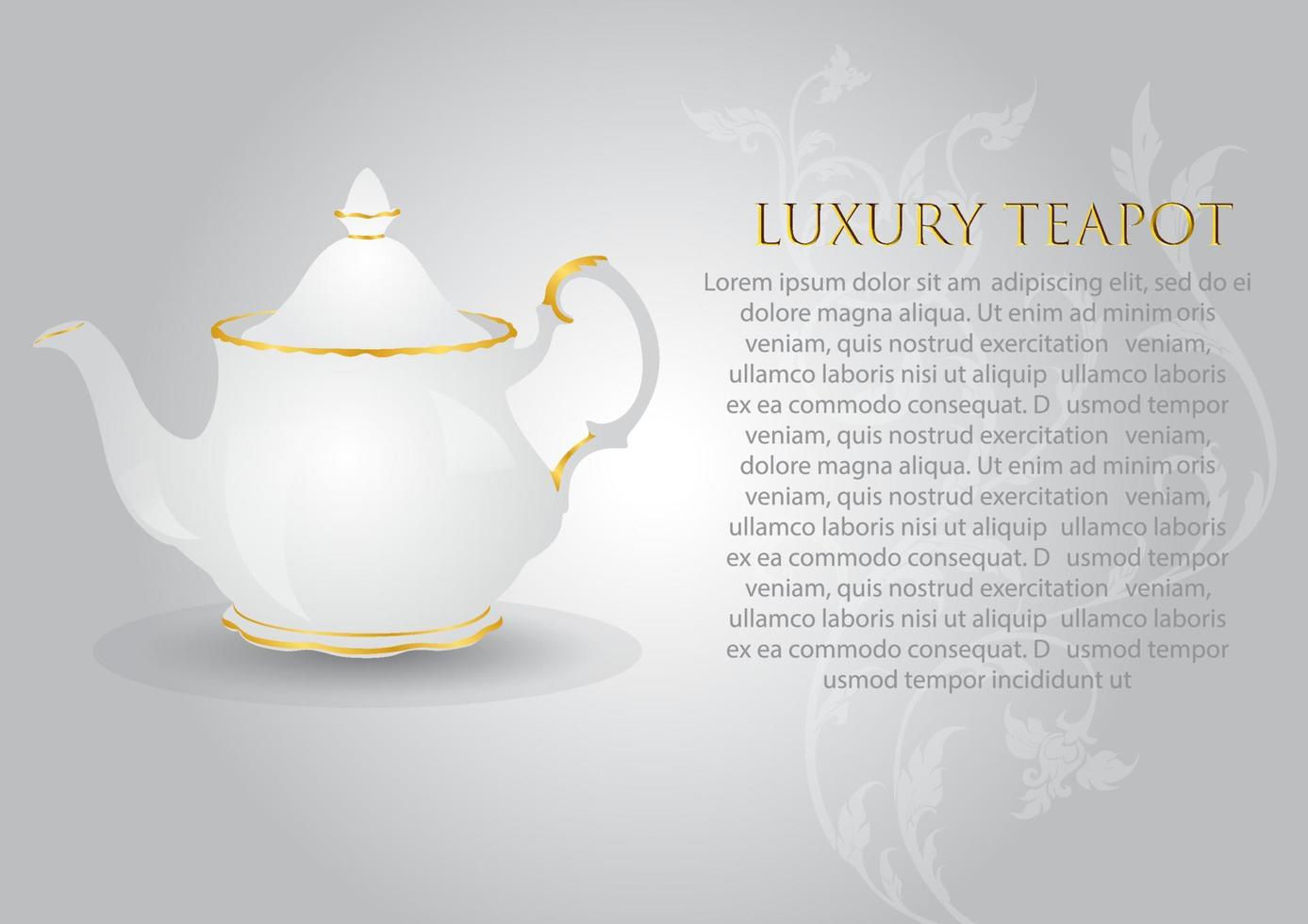 Luxury and vintage white ceramic tea pot with example texts on Thai art pattern and white gradient background. vector