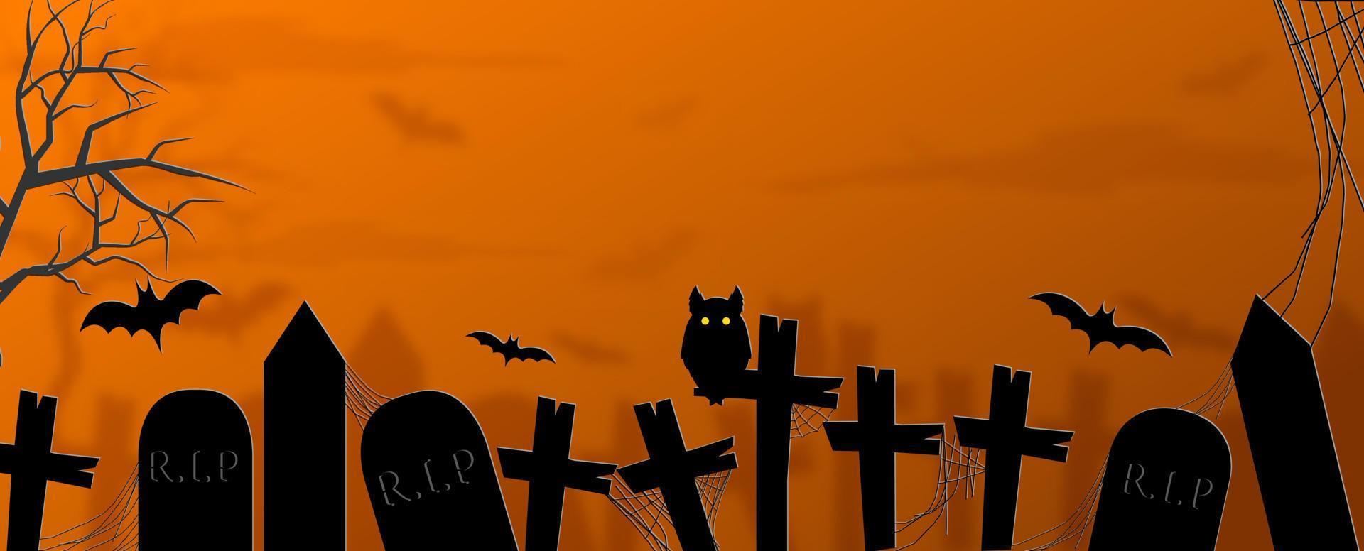 Closeup atmosphere of graveyard on Halloween scary day with orange color tone and space for texts. Card and poster of Halloween day in web banner and vector design.