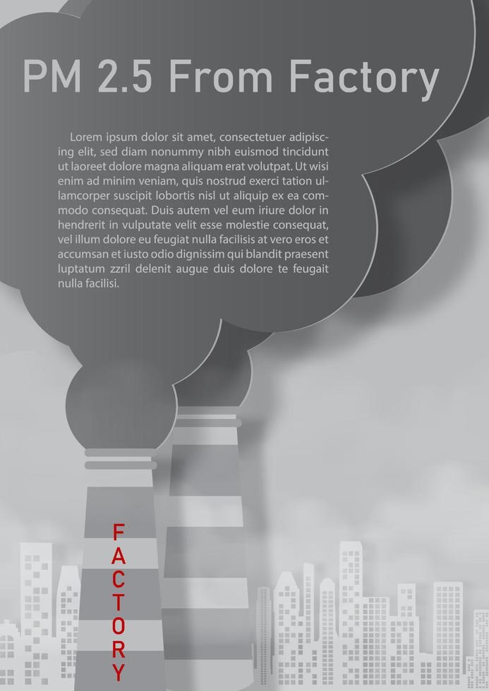 primer plano y cultivo de la chimenea de fábrica con textos de ejemplo sobre humo gigante y niebla mala de pm 2.5, vista de la ciudad y fondo gris. todo en diseño vectorial y estilo de corte de papel. vector