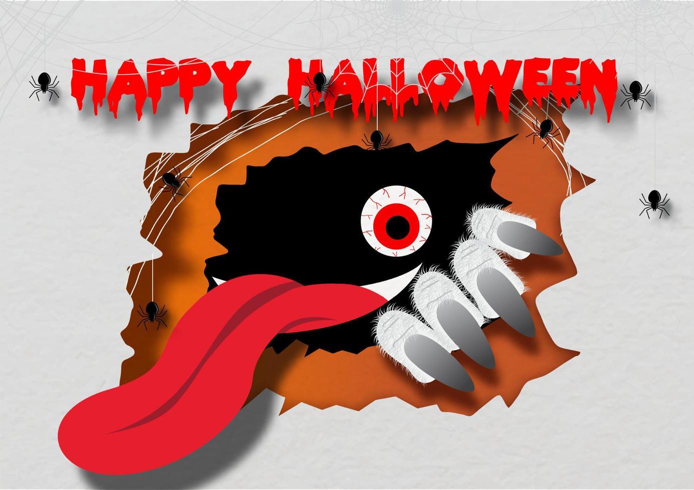 Scary ghost tongue out in crack and broken wall with black spiders and HAPPY HALLOWEEN wording on paper pattern background. vector